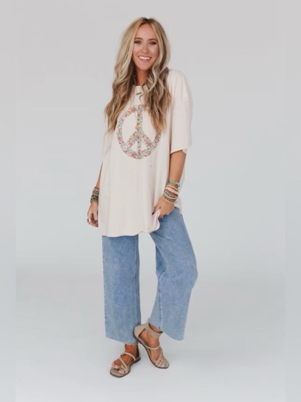 3BN Jude Oversized Peace
Sign Graphic Tee, Oatmeal, Size Small - Picture 5 of 10